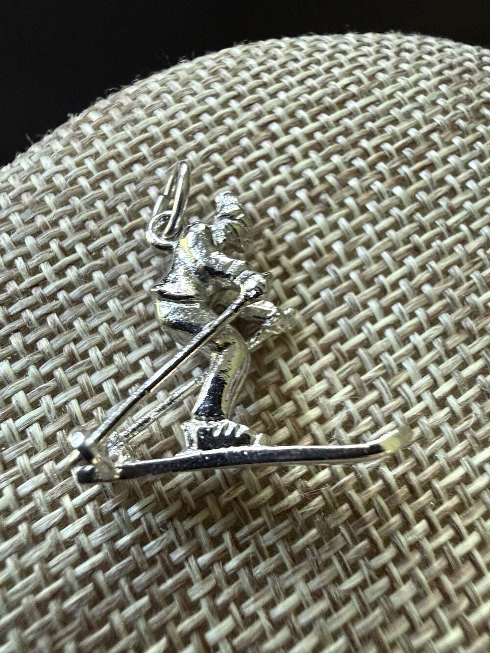 Rhodium Plated Skier Ski Silver Charm Pendant